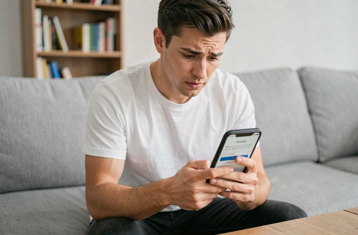 Jeune homme essayant de se connecter à sa boîte mail FR sur smartphone depuis son salon