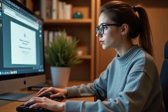 Femme appuyant sur la touche F5 pour actualiser Google Chrome sur un bureau à domicile moderne