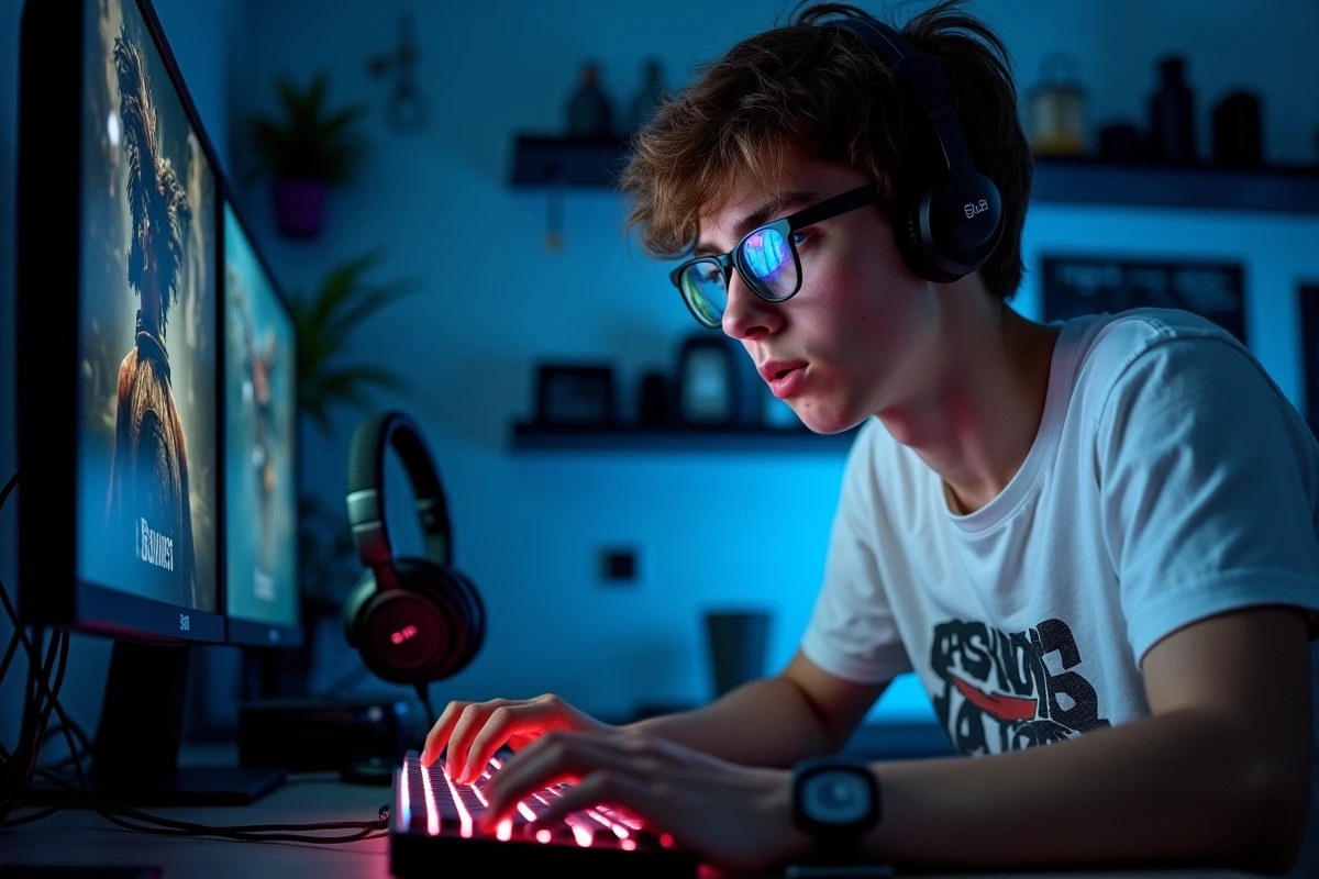 Adolescent gamer s'entraînant à la vitesse de frappe sur clavier mécanique RGB dans sa chambre avant une partie classée