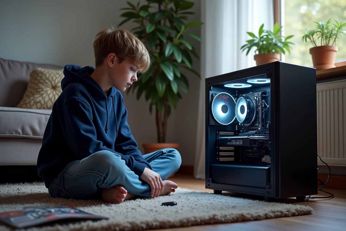 Adolescent regardant une carte graphique dans un PC ouvert