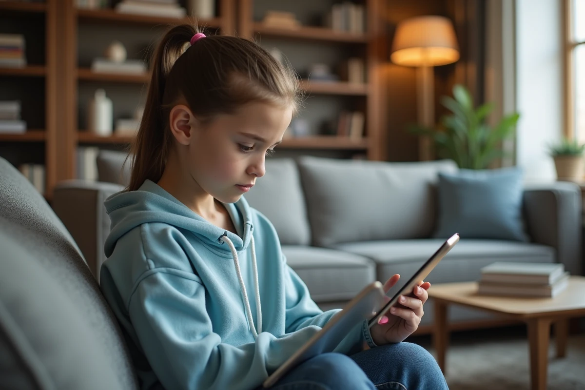Adolescente consultant une carte de partage de position sur une tablette iPad dans un salon familial