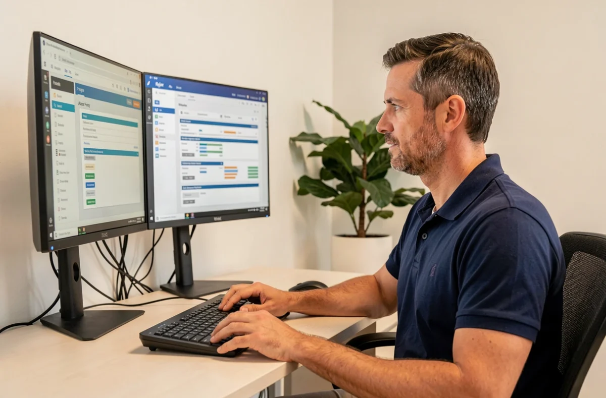 Consultant informatique d'Adomedia Proxy travaillant sur la configuration réseau et proxy depuis son bureau professionnel