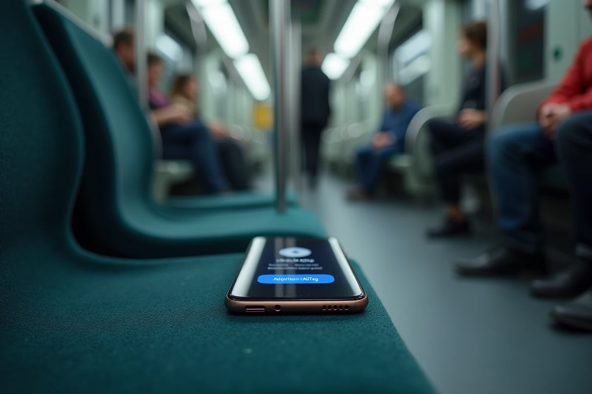 Smartphone Android affichant une alerte de détection d'AirTag inconnu dans un wagon de métro