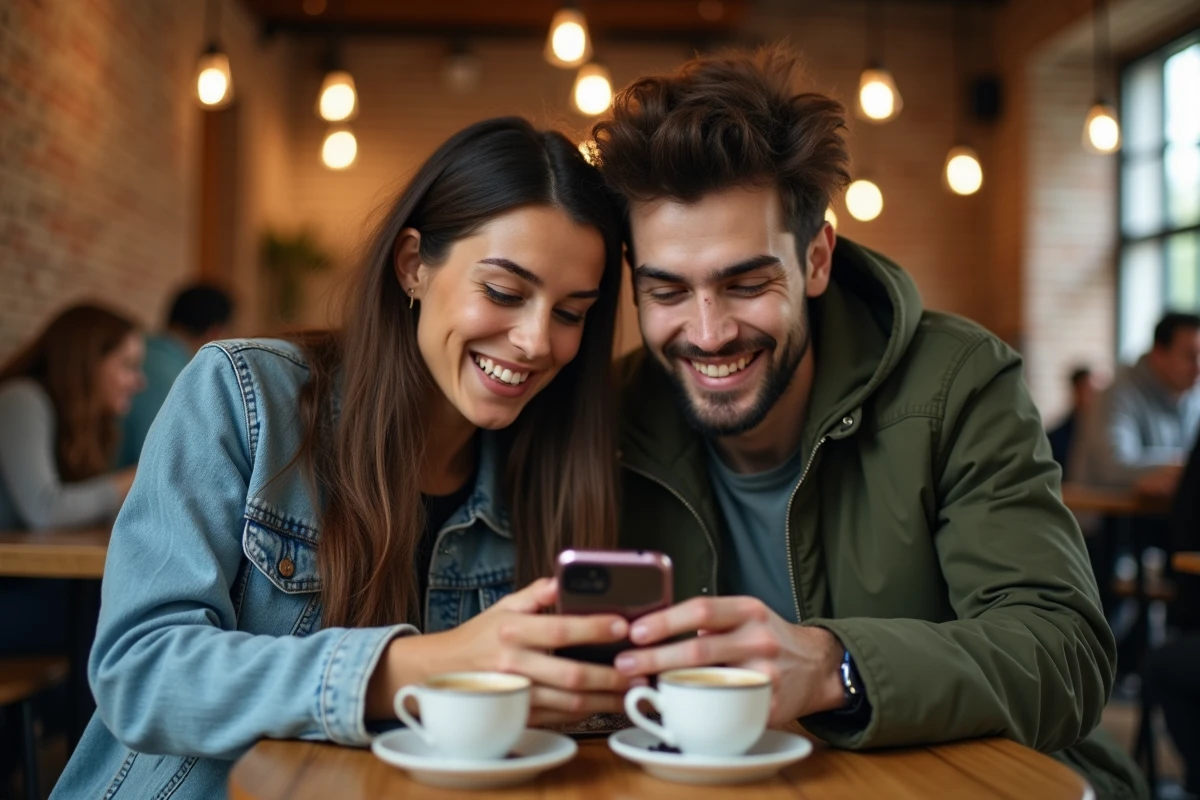 Deux amis complices regardent un smartphone dans un café pour envoyer un message surprise en numéro masqué