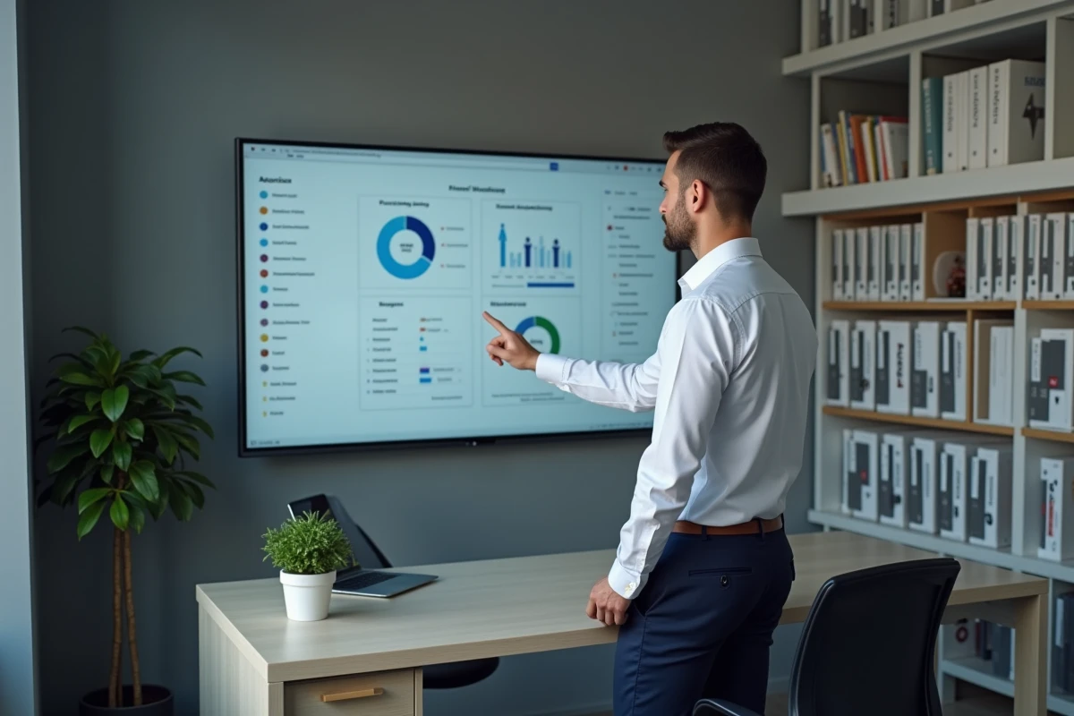 Responsable de cabinet médical analysant une comparaison entre deux solutions logicielles sur un écran mural interactif