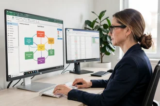 Analyste BI femme examinant un schéma de données sur écran dans un bureau moderne