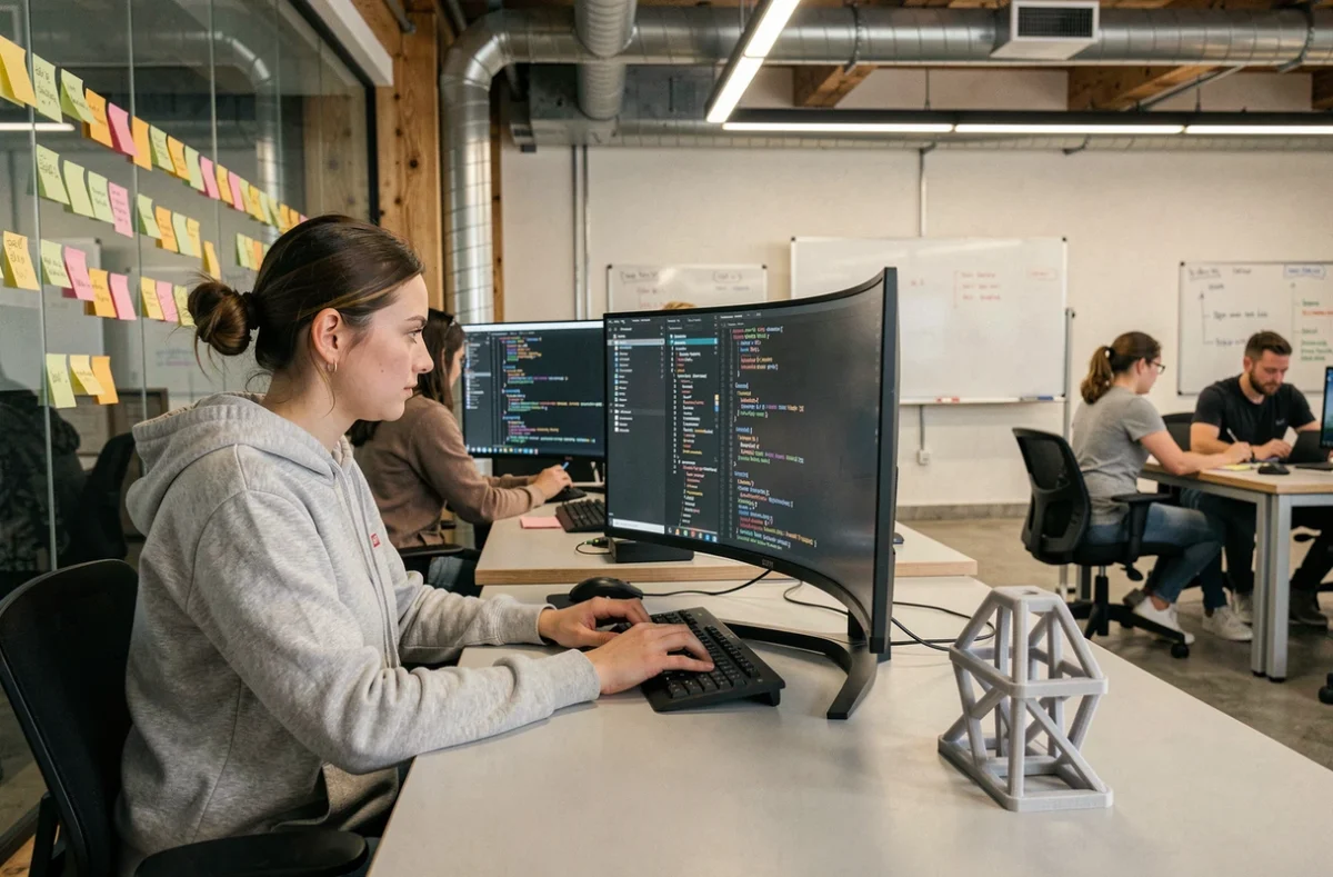 Ingénieure informatique d'Apside codant dans un laboratoire d'innovation moderne à Lyon entourée de prototypes et de collègues
