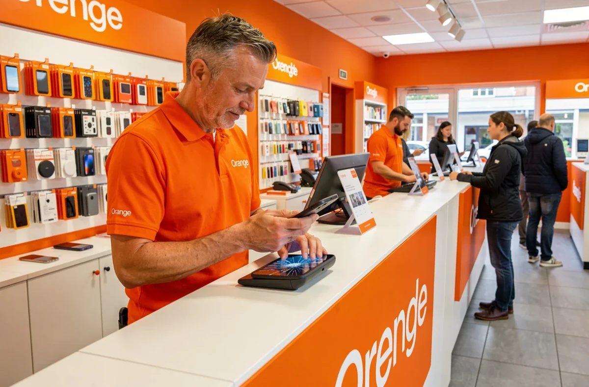 Conseiller de la Boutique Orange Grenoble examinant un smartphone à écran fissuré d'un client au comptoir du service après-vente