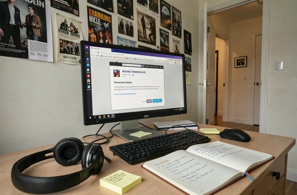 Bureau avec ordinateur affichant une erreur de navigateur sur un site de musique et écouteurs posés sur le bureau
