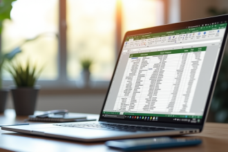 Espace de travail lumineux avec un ordinateur portable affichant un tableau Excel