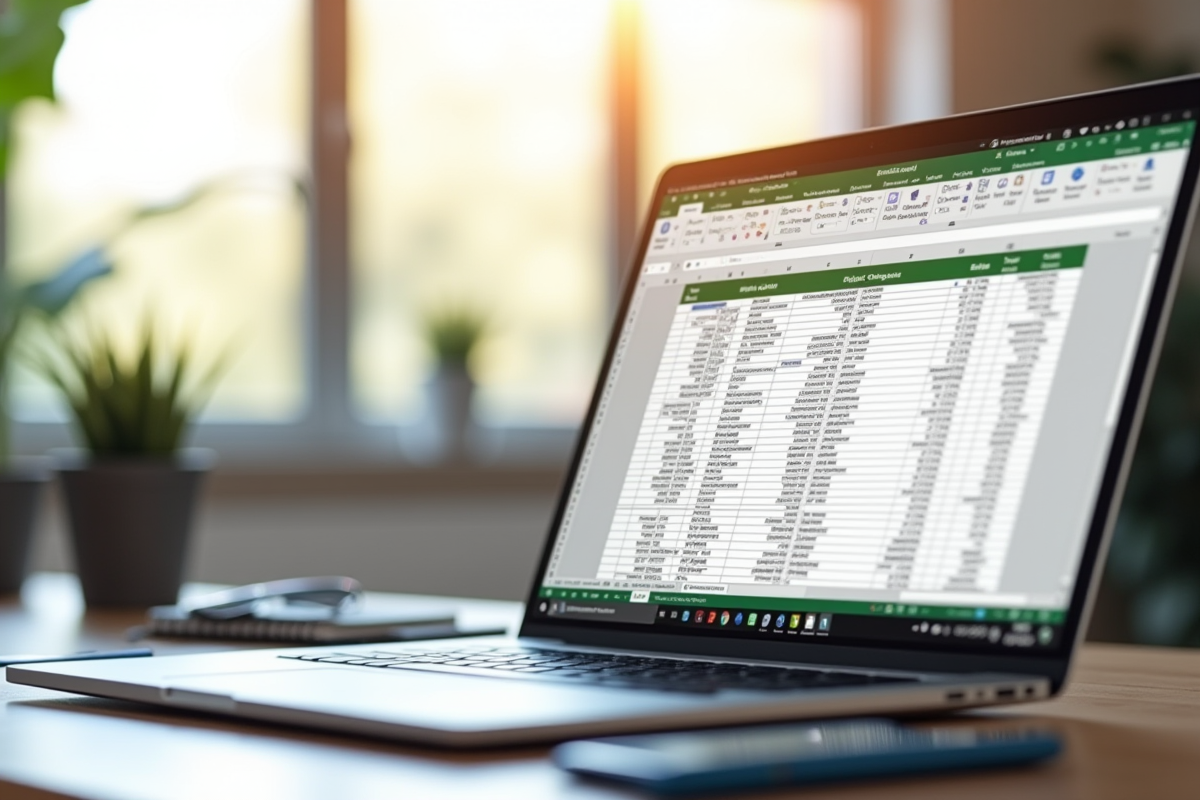 Espace de travail lumineux avec un ordinateur portable affichant un tableau Excel