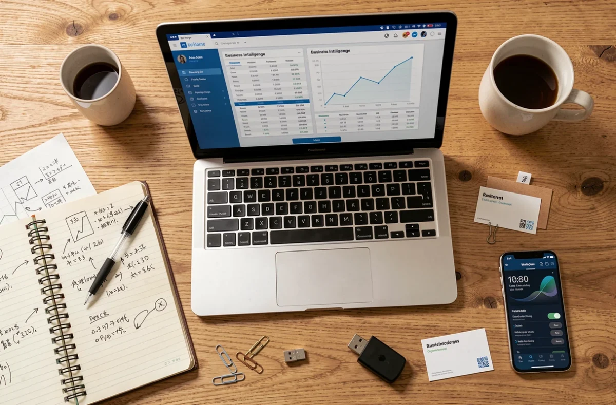 Vue aérienne d'un bureau de PME avec laptop affichant un dashboard décisionnel et un carnet de notes manuscrites
