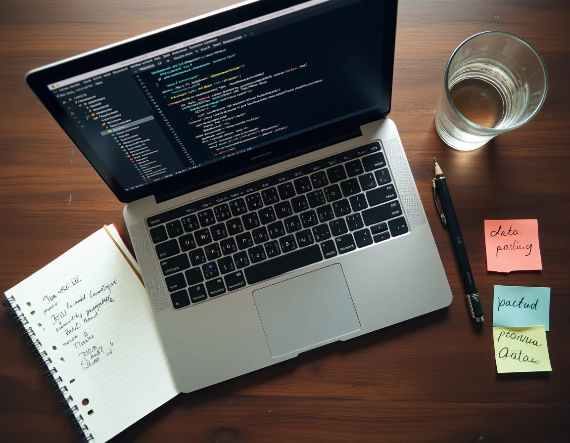 Vue aérienne d'un bureau de programmeur avec un IDE Python affichant du code de parsing XML et des notes manuscrites