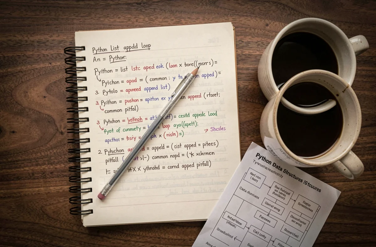 Vue aérienne d'un bureau avec un cahier rempli d'exemples Python sur append et les boucles, tasse de café et aide-mémoire