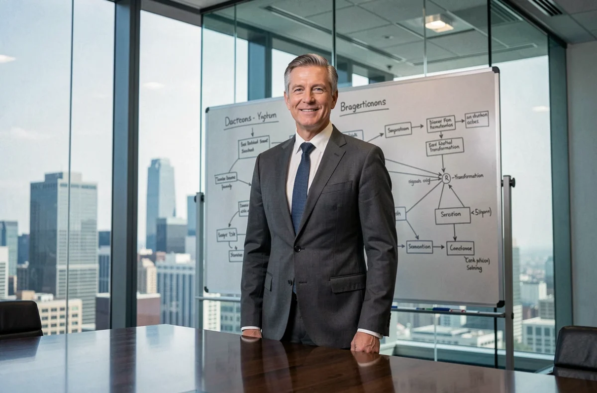 Consultant senior de Capgemini présentant une stratégie de transformation digitale dans une grande salle de direction avec vue sur la ville