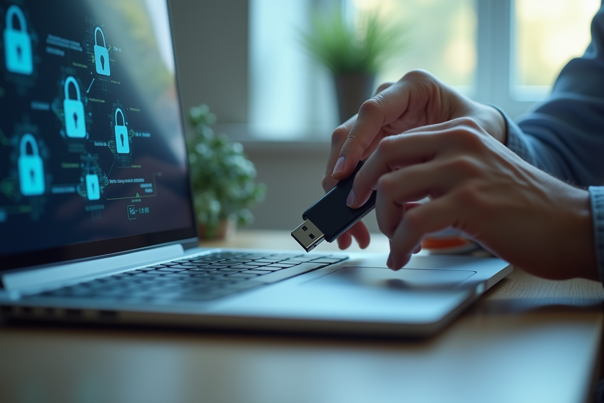 Mains insérant une clé USB dans un ordinateur avec icônes de cadenas