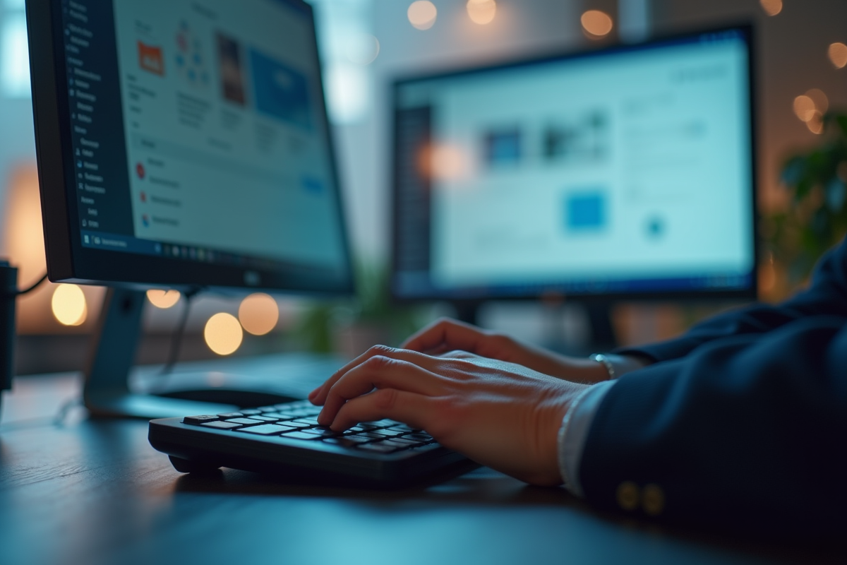 Mains tapant sur clavier sans fil avec écran de webmail organisé