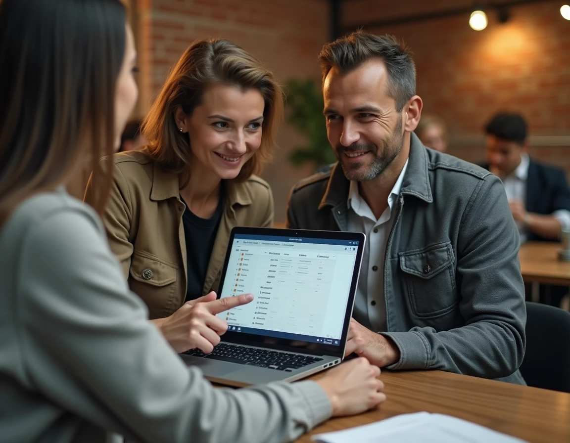 Deux professionnels collaborant sur la configuration d'un outil de transfert de fichiers en espace de coworking