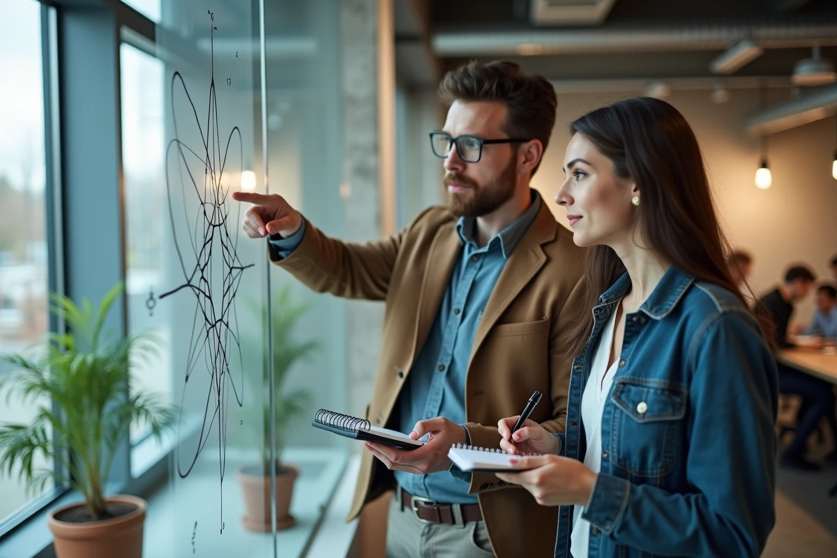 Deux jeunes adultes collaborant devant un tableau blanc avec des schémas de physique quantique dans un espace de coworking