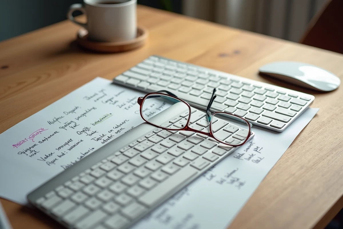Comparaison côte à côte d'un clavier Apple Magic Keyboard et d'un clavier Windows sur un bureau en bois avec notes manuscrites