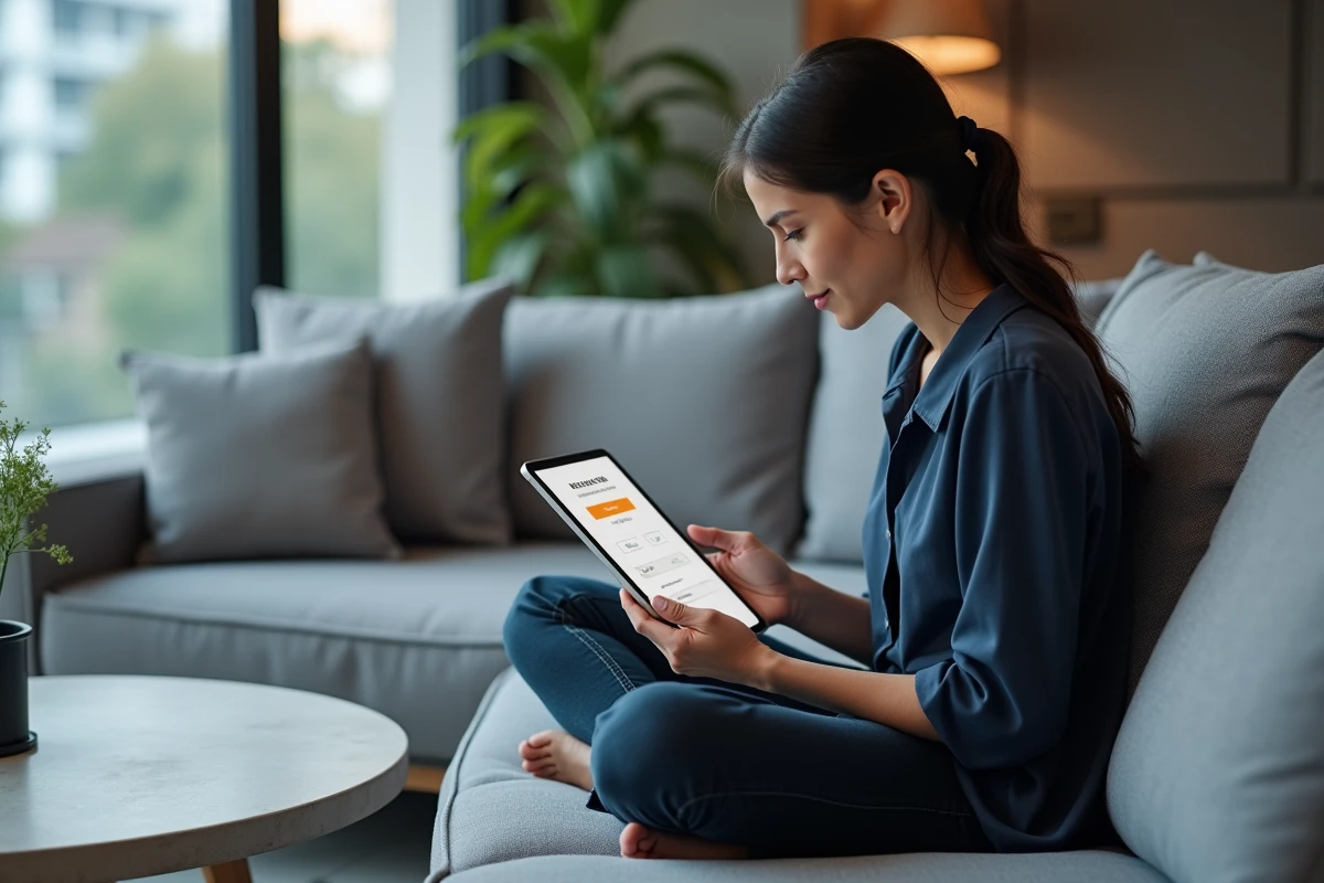 Femme comparant les options de compte gratuit et payant sur une tablette dans son salon