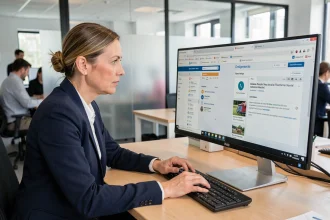 Femme professionnelle comparant l'interface IntraParis et un webmail classique sur un ordinateur de bureau en open space