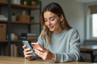 Femme comparant un iPhone et un Google Pixel 6 côte à côte sur un bureau en bois, illustration du transfert de données entre smartphones