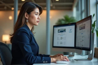 Professionnelle de santé comparant deux logiciels de gestion de cabinet sur un poste de travail moderne avec double écran