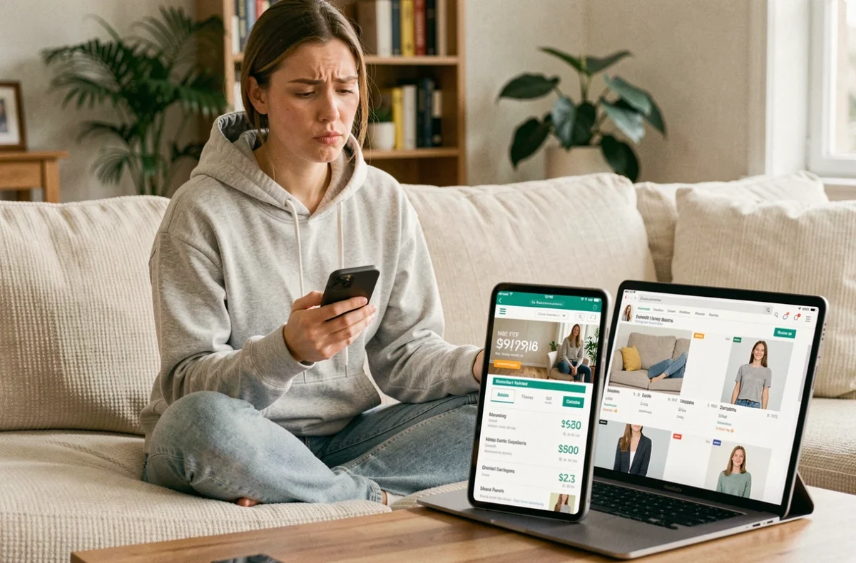 Femme comparant des offres high-tech sur smartphone et tablette dans son salon