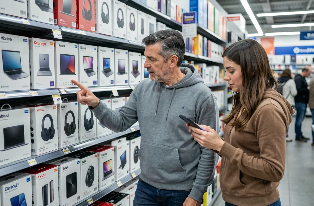 Couple comparant les prix d'appareils high-tech en magasin avec un site comparateur sur mobile