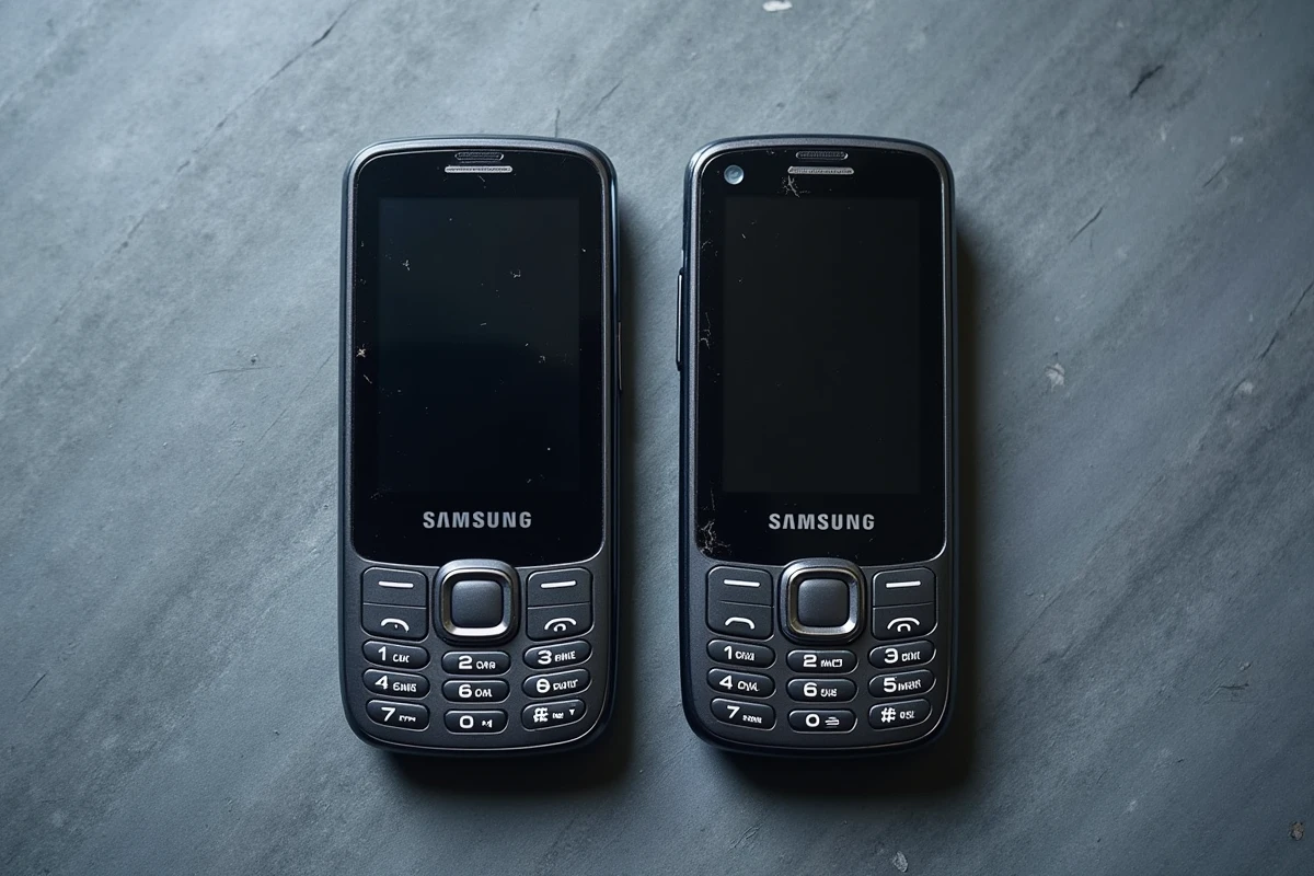 Comparaison de deux Samsung E250 reconditionnés montrant les différences de qualité et d'usure pour guider l'achat