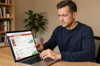 Homme comparant des prix high-tech sur un comparateur en ligne depuis son bureau à domicile