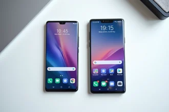 Comparatif Samsung Galaxy S23 et Galaxy S22 posés côte à côte sur un bureau blanc, vue du dessus