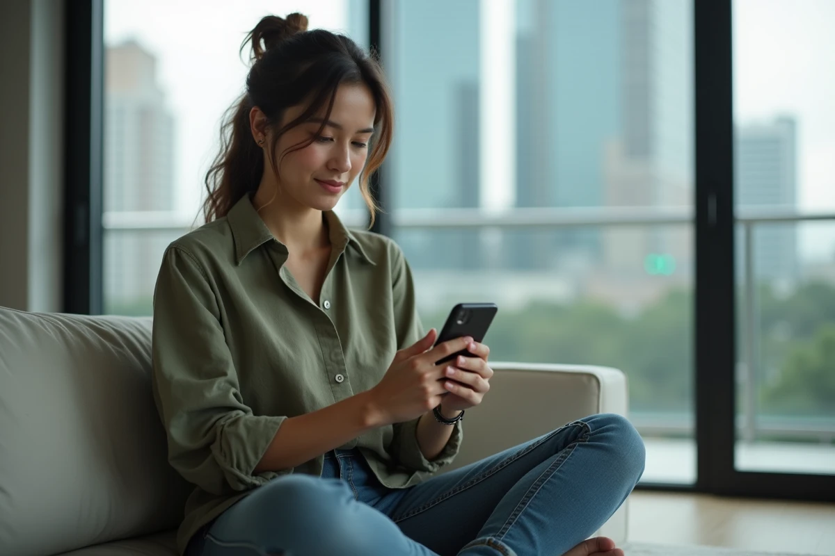 Femme consultant son smartphone de façon privée et sécurisée dans un appartement moderne