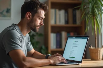Homme configurant son compte sur un site de partage de fichiers depuis son bureau à domicile