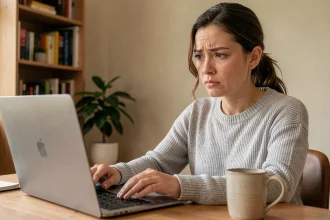 Femme connectant sa boîte mail FR sur un ordinateur portable depuis son bureau à domicile