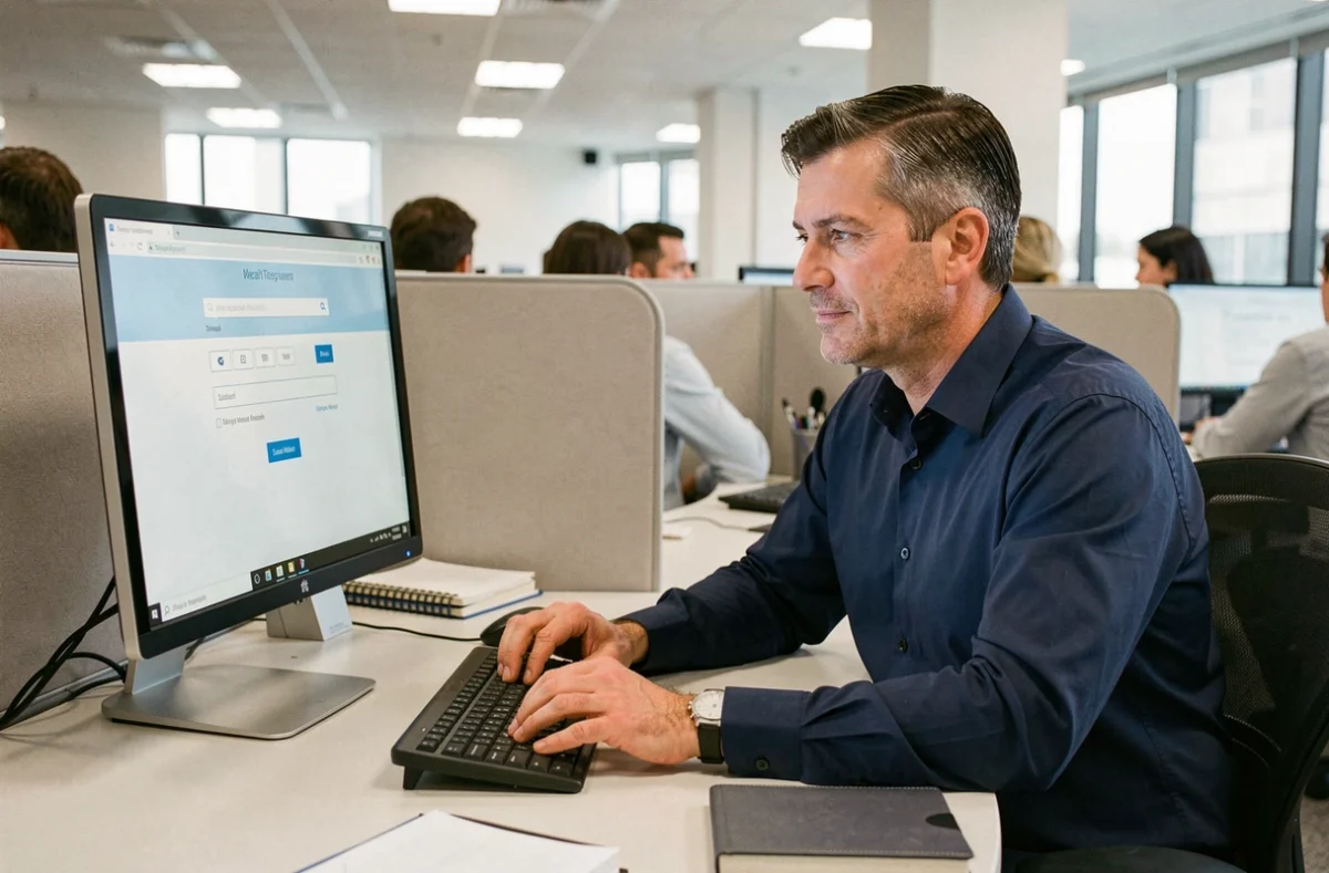 Homme accédant à sa messagerie FR depuis un poste de travail en open space