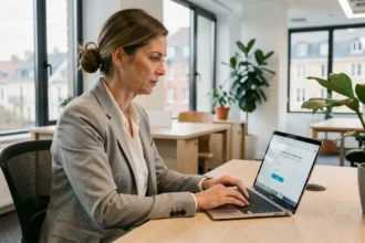 Femme professionnelle se connectant à sa messagerie webmail depuis un bureau moderne à Clermont-Ferrand