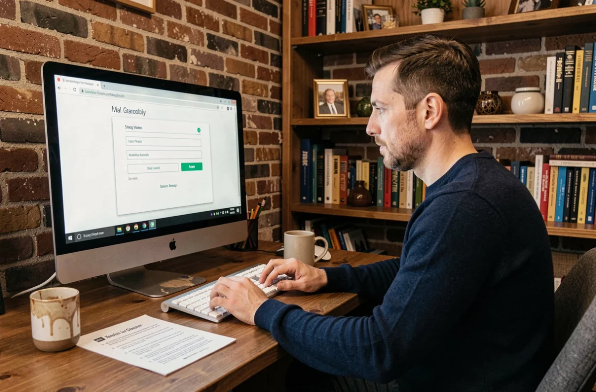 Homme consultant les étapes de connexion à un webmail depuis son bureau à domicile avec un guide imprimé