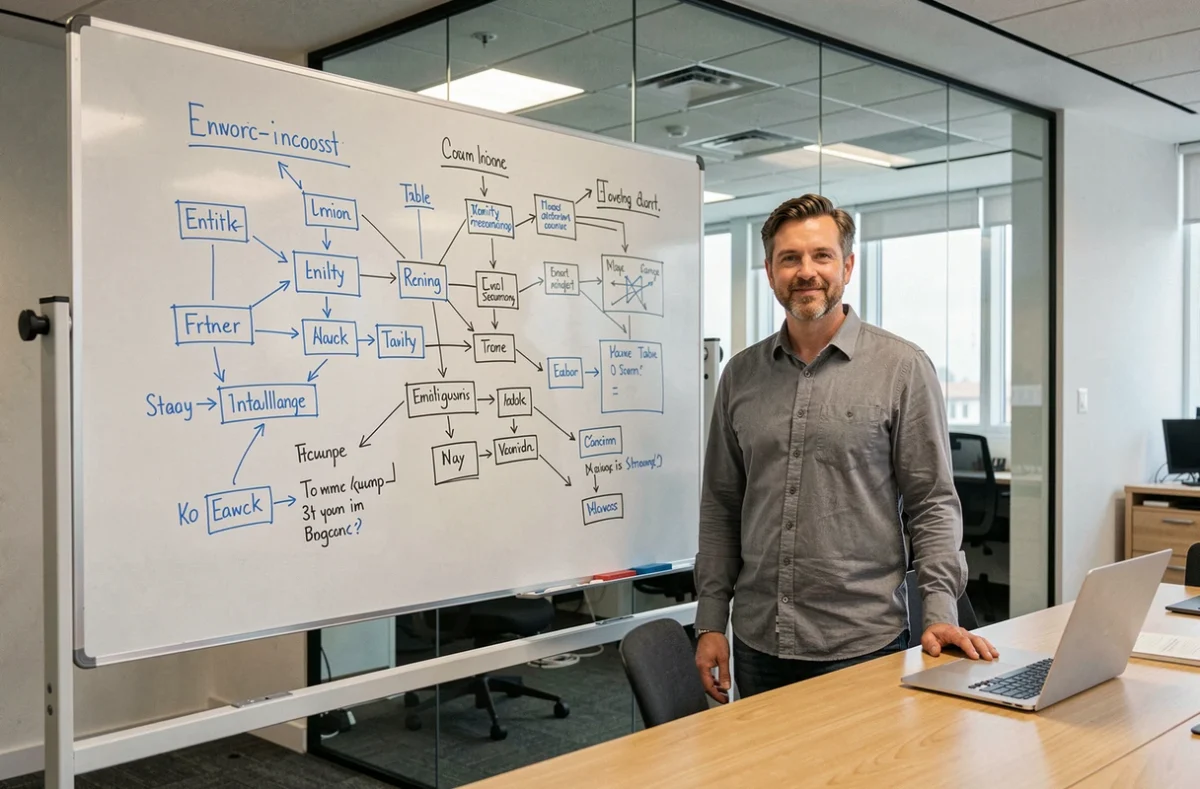 Consultant données debout devant un tableau blanc avec schéma de base de données BI