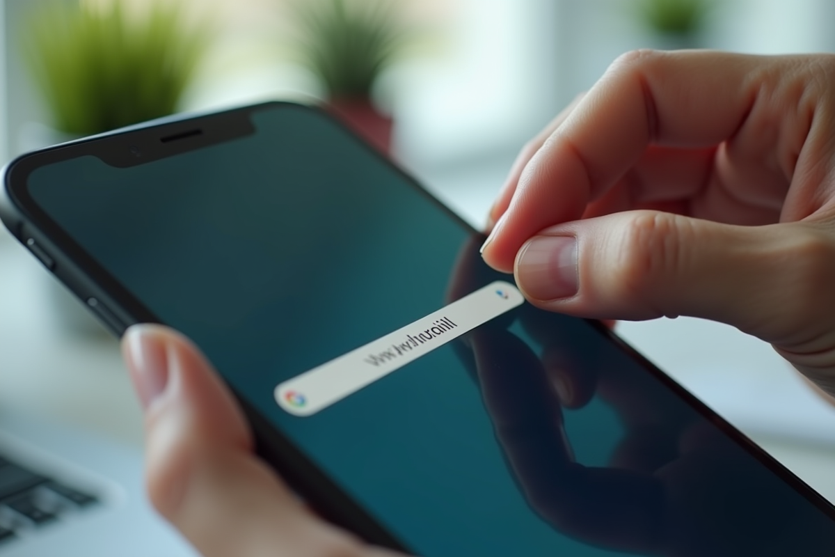 Main corrigeant une URL sur un smartphone dans un bureau moderne