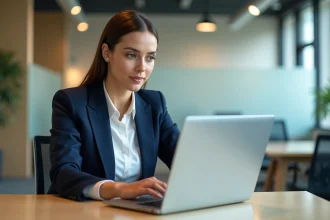 Femme professionnelle en blazer marine configurant une adresse email d'entreprise Yahoo sur un ordinateur portable dans un bureau moderne