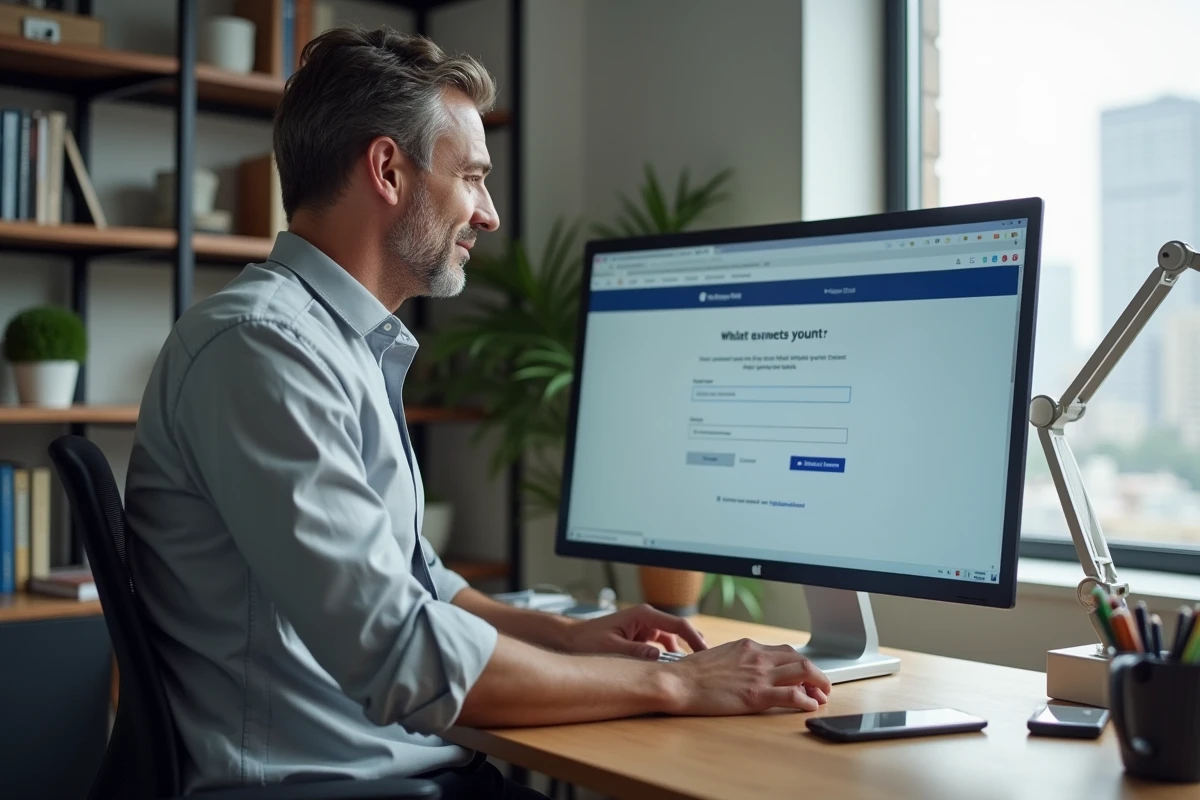 Homme d'affaires en chemise grise créant une boite mail Yahoo professionnelle sur un ordinateur de bureau dans un bureau privé avec vue sur la ville