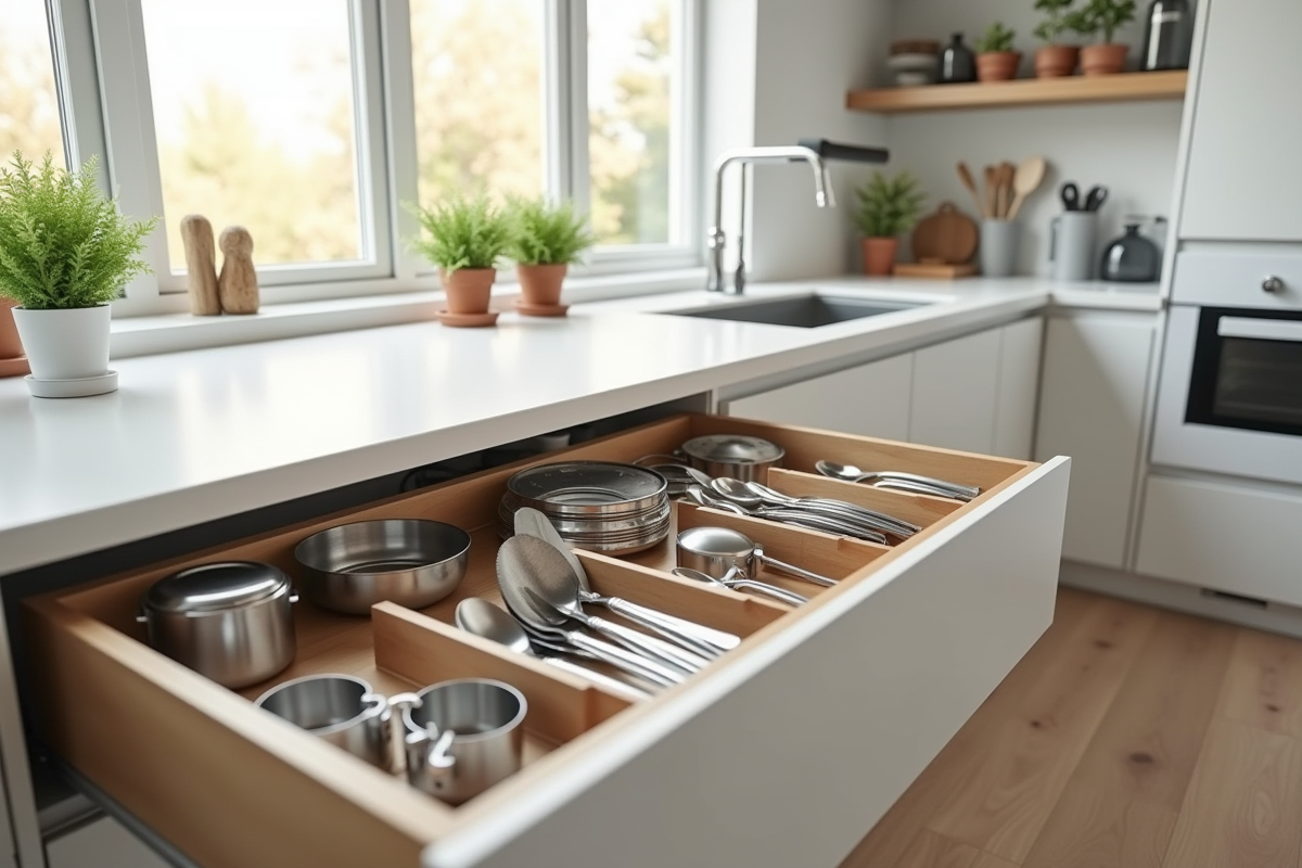 Cuisine moderne avec rangement intelligent et plantes