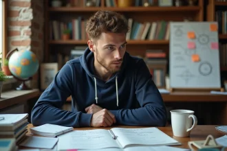 Jeune homme curieux étudiant la physique quantique sur un bureau encombré de notes manuscrites et de livres