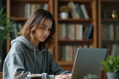 Jeune femme débutante en programmation Python lisant du code XML sur son ordinateur portable dans un bureau à domicile