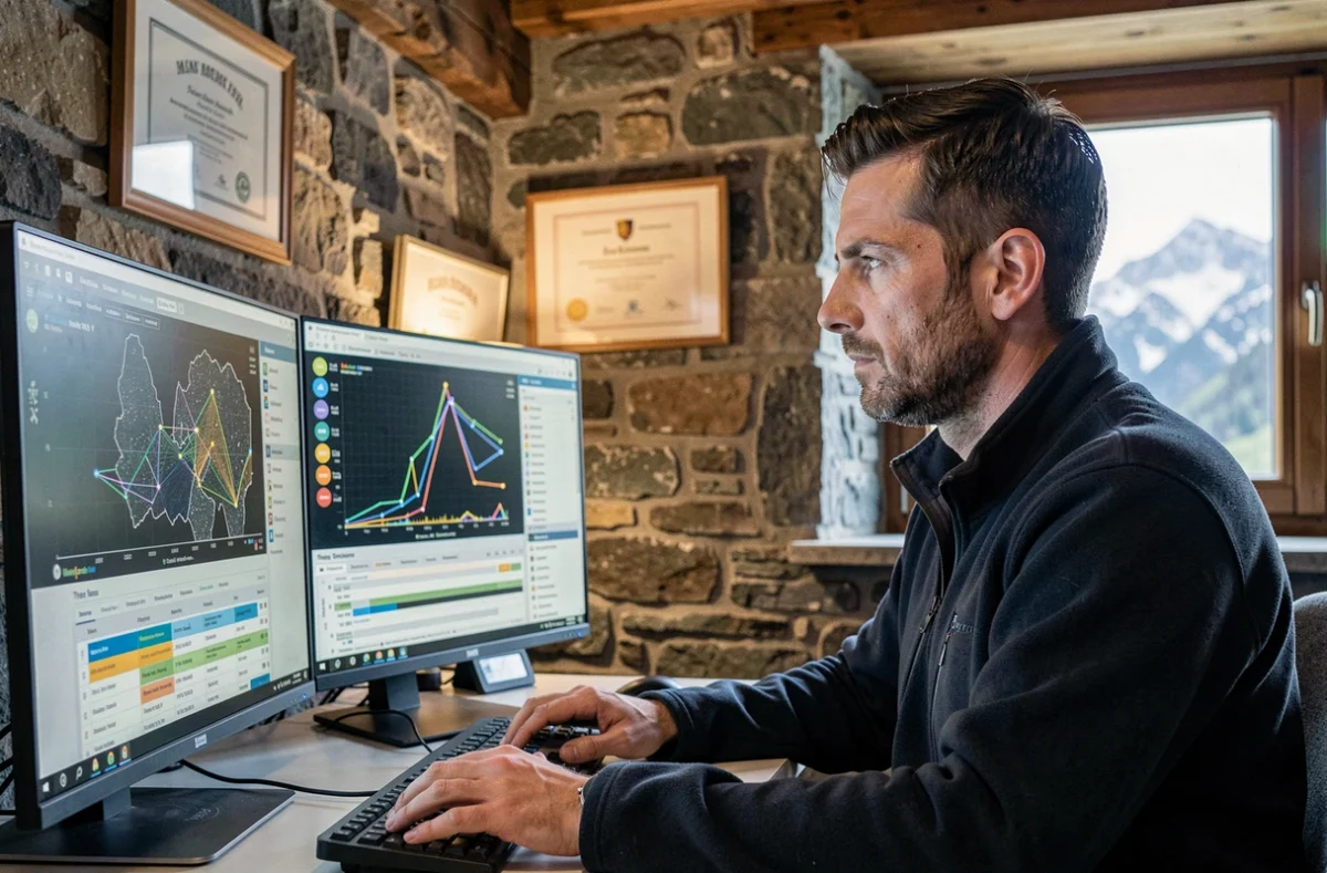 Analyste en cybersécurité de Deltech Cyber en Savoie surveillant des menaces informatiques sur un double écran dans un bureau au cadre alpin