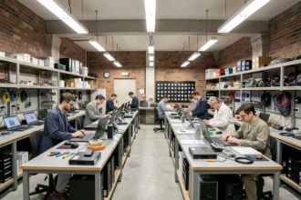 Atelier de dépannage informatique dans l'Ain avec des techniciens travaillant sur des ordinateurs et des équipements