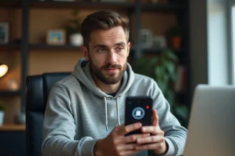 Homme tenant un smartphone Android affichant une application de détection d'AirTag dans un bureau à domicile
