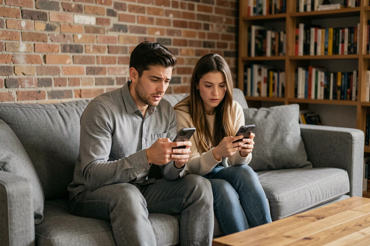 Deux personnes comparant les nouveautés iOS 18.4.1 sur leurs iPhones dans un salon